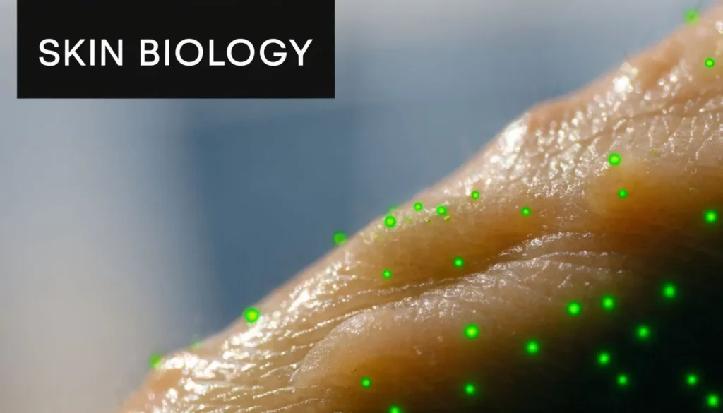 Close-up of human skin with glowing green bacteria markers and “Skin Biology” text overlay.