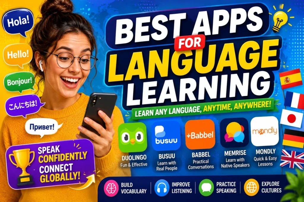 Colorful language learning apps thumbnail with smiling woman, smartphone, flags, and multilingual speech bubbles.