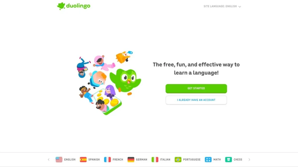Duolingo homepage with colorful mascot, language options, and buttons to get started or log in.