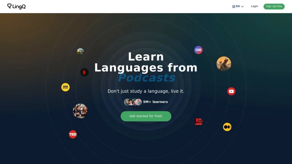 LingQ homepage promoting language learning through podcasts with media icons and free signup button.