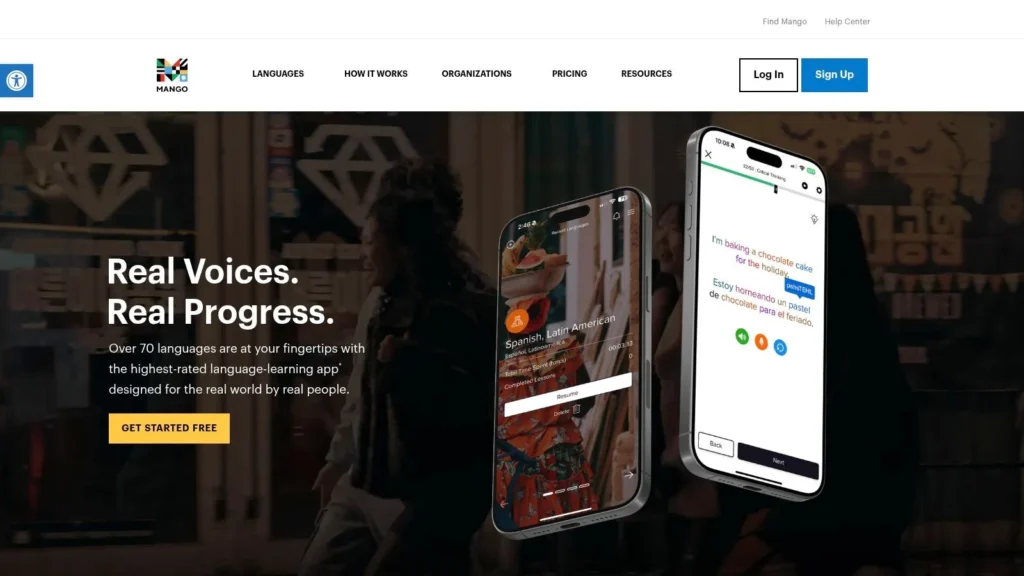 Mango Languages homepage showing mobile app lessons, language tools, and free signup option.