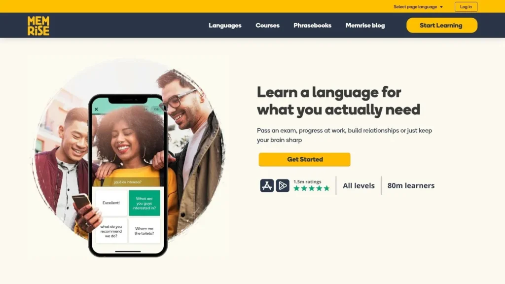 Memrise homepage promoting language learning with app preview, ratings, and start learning button.