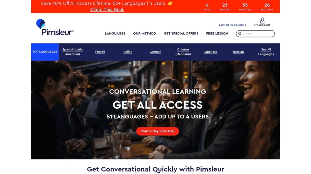 Pimsleur homepage advertising conversational language learning with free trial and multiple language options.