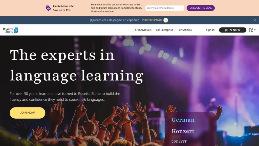 Rosetta Stone homepage promoting language learning with concert background and German vocabulary example.