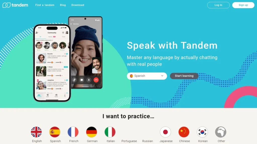 Tandem language app homepage showing chat features, video calls, and language practice options.