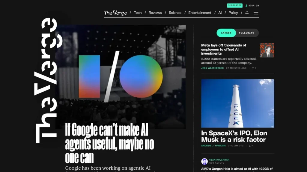 The Verge homepage featuring AI, tech news, Google I/O coverage, and articles on Meta layoffs and SpaceX.