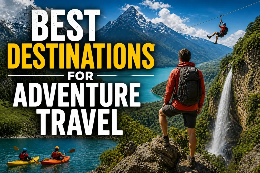 10 Best Destinations for Adventure Travel (2026 Guide) Adventure travel thumbnail with mountains, lake, waterfall, hiker, kayakers, and zipline under bold “Best Destinations” text