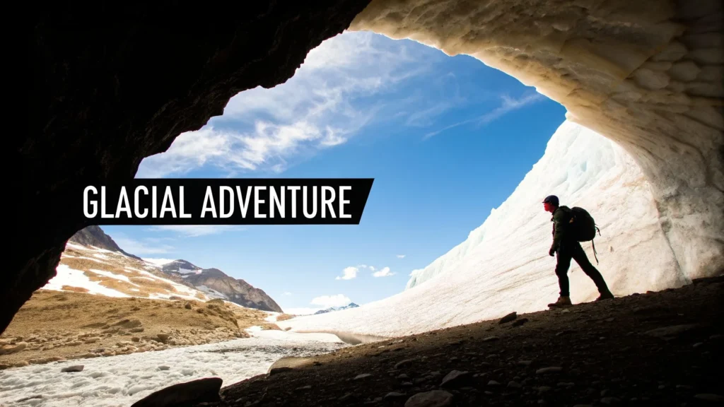 Hiker inside ice cave looking out at glacier and mountains, labeled “Glacial Adventure”