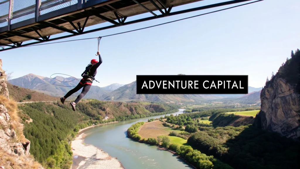 Person zip-lining from bridge over river valley, mountains in background, labeled “Adventure Capital”