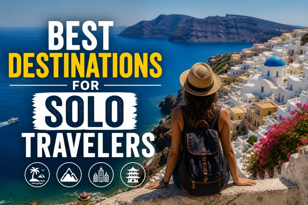 12 Best Destinations for Solo Travelers in 2026 Solo traveler overlooking coastal cliff town with sea view and bold text “Best Destinations for Solo Travelers”