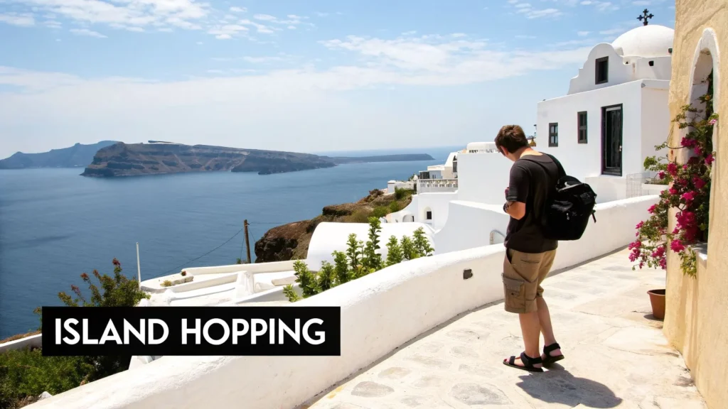 Traveler overlooking coastal village and sea, white buildings, labeled “Island Hopping”