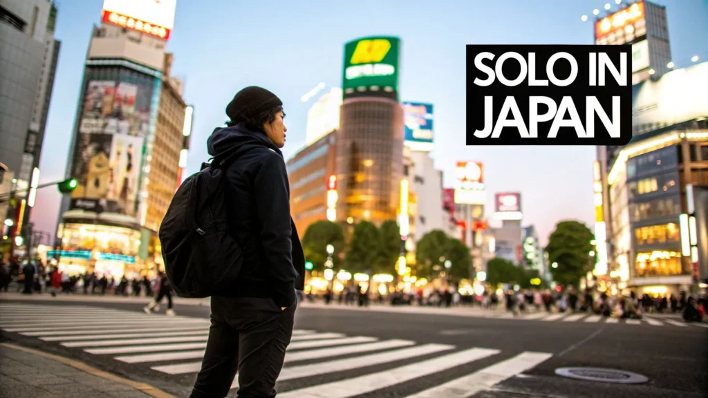 Solo traveler with backpack at busy Tokyo crossing at night, neon lights, text “Solo in Japan”
