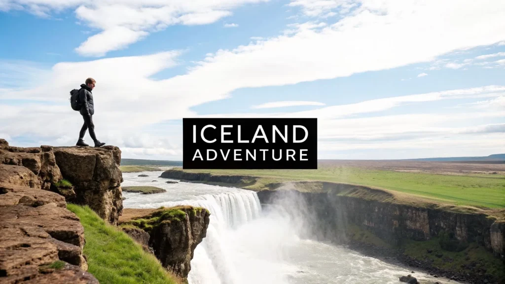 Hiker on cliff overlooking waterfall in Iceland, scenic landscape, text “Iceland Adventure”