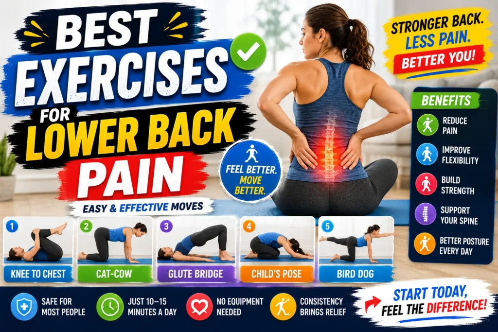 Lower back pain exercise thumbnail with stretching woman, workout poses, and colorful pain relief graphics.