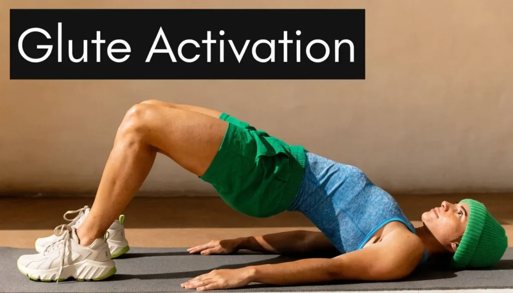 Person performing a glute bridge exercise on a mat with “Glute Activation” text overlay.
