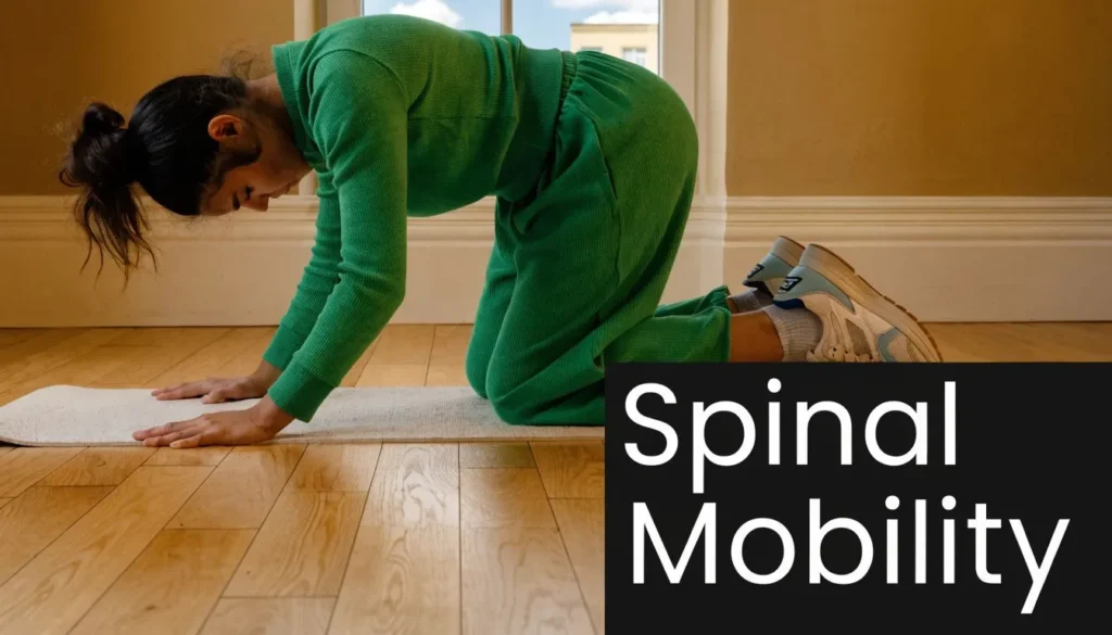 Person performing a spinal mobility stretch on a mat indoors with “Spinal Mobility” text overlay.