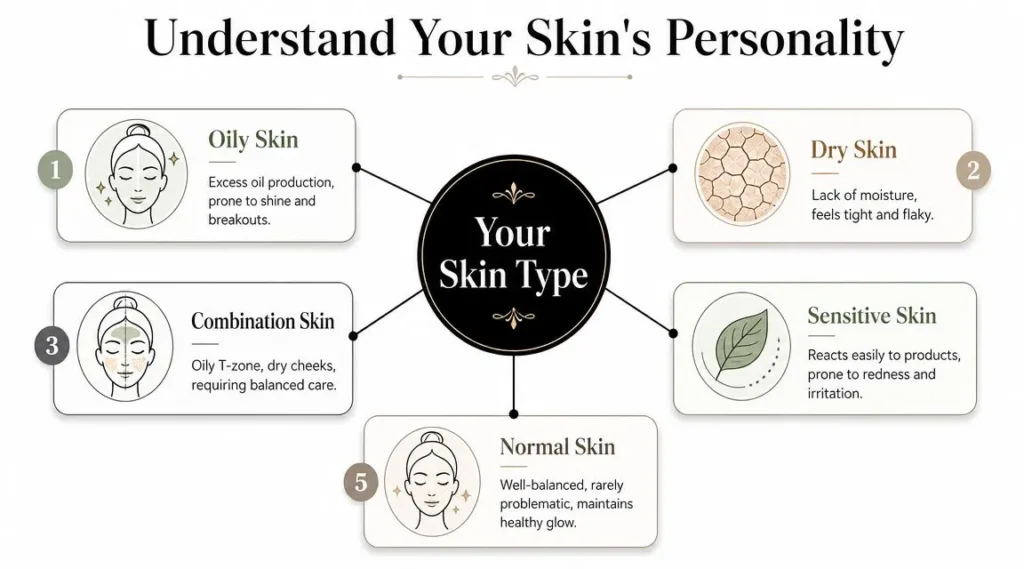 Best Face Washes: A Buyer’s Guide for Every Skin Type Infographic showing five skin types—oily, dry, combination, sensitive, and normal—with key traits and care needs.