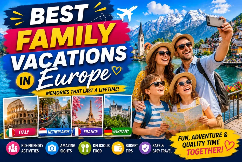 Family Europe vacation thumbnail with smiling tourists, scenic villages, landmarks, and colorful travel graphics.