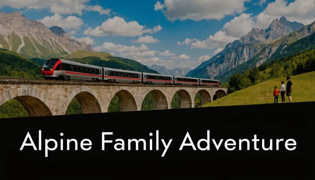 Modern train crossing a stone bridge through the Alps as a family watches from a green mountain hillside.
