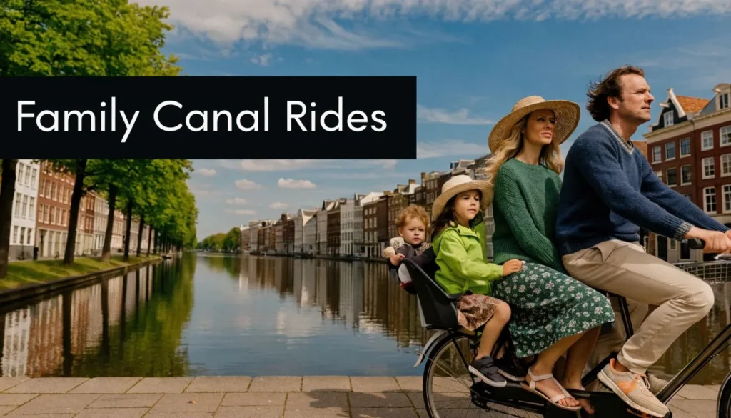 Family riding a bicycle beside a scenic European canal lined with historic buildings and trees.