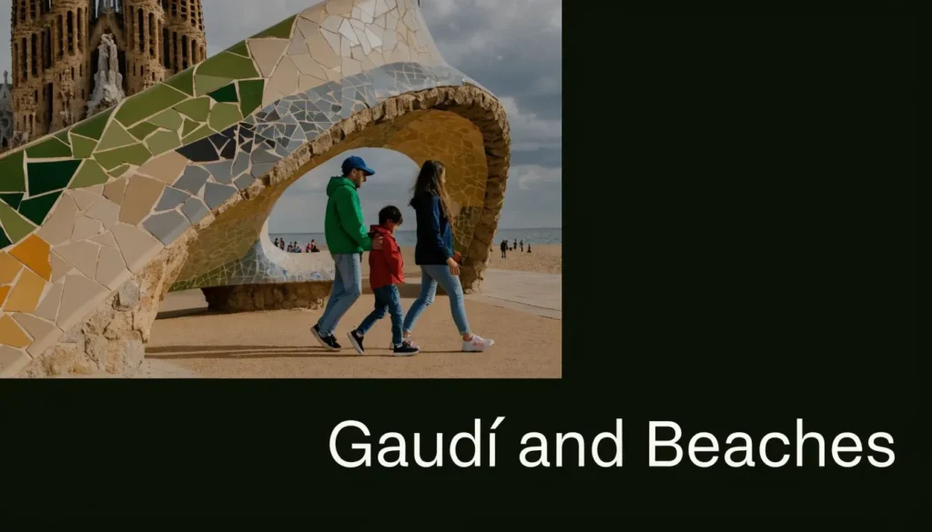 Family walking beneath Gaudí-inspired architecture near a beach in Barcelona with the Sagrada Família in background.