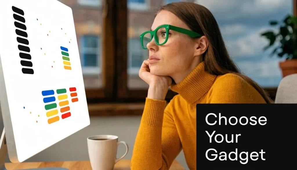 Woman wearing green glasses using desktop computer with Choose Your Gadget text in a modern workspace