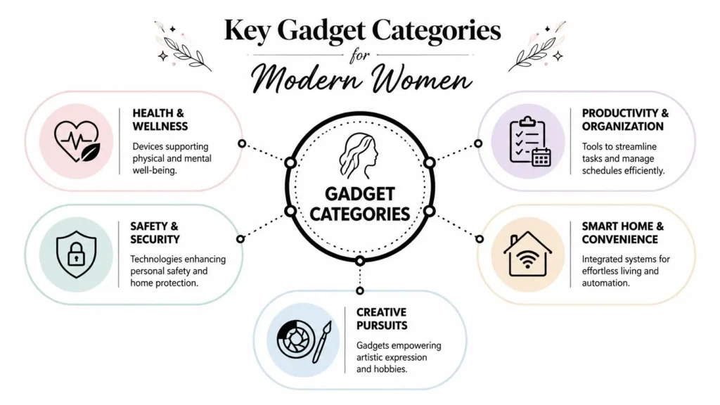 Infographic showing gadget categories for modern women including wellness, safety, productivity, and smart home tech