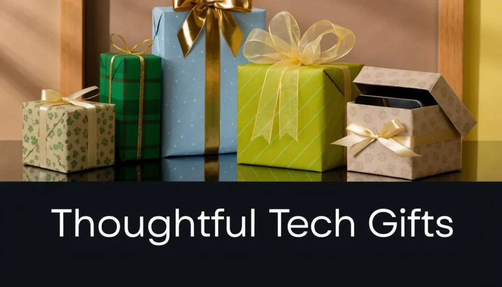 Colorful wrapped gift boxes with Thoughtful Tech Gifts text showcasing stylish gadget present ideas