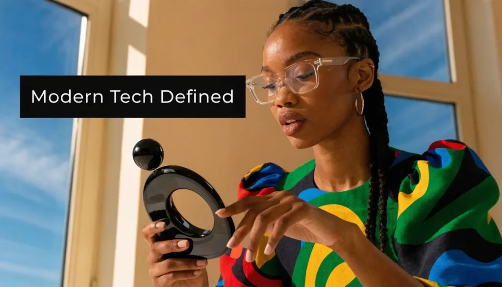 Woman using a modern smart gadget indoors with Modern Tech Defined text highlighting innovative technology products