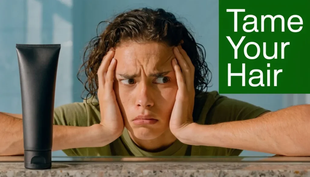 Best Hair Cream: Top Picks for Every Hair Type Person with curly hair looking frustrated in a mirror beside a hair cream tube, highlighting hair styling challenges.