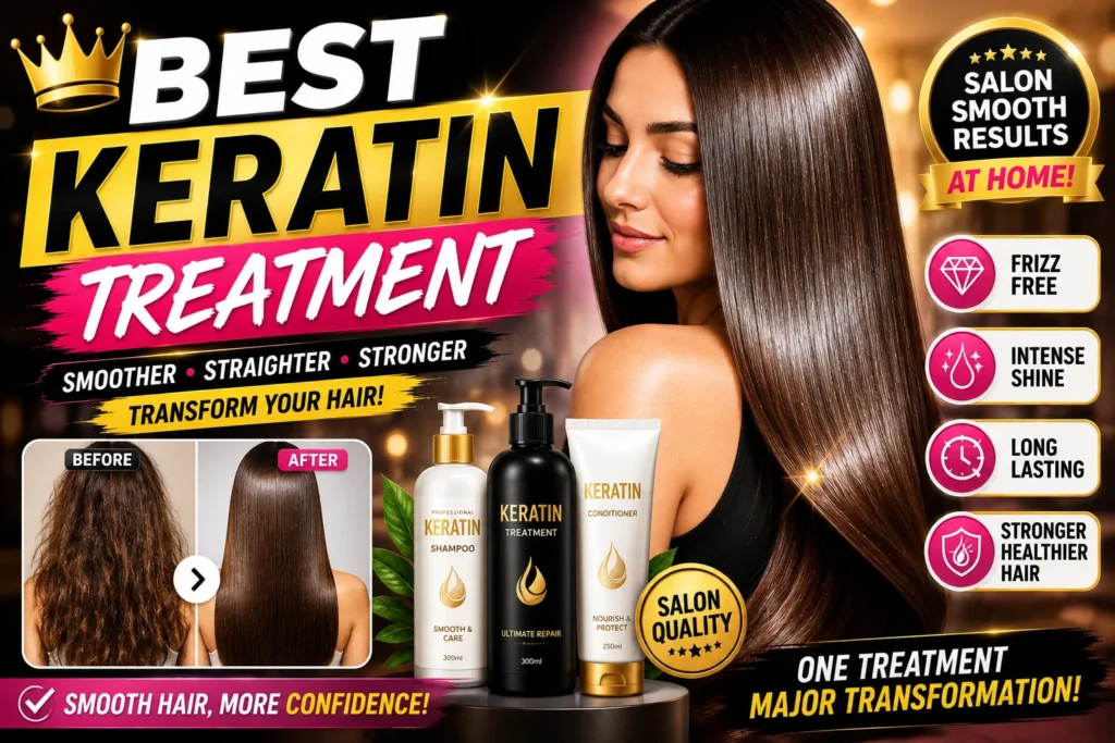 Keratin treatment thumbnail with shiny straight hair, beauty products, and colorful salon-style hair care graphics.