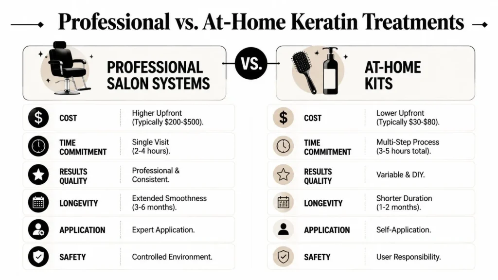 Best Keratin Treatment: A 2026 Guide to Smooth, Safe Hair Infographic comparing professional salon keratin treatments with at-home kits by cost, time, results, and safety.
