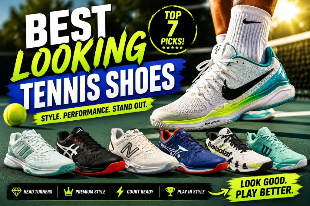 Style Guide: Best Looking Tennis Shoes of 2026 Best looking tennis shoes thumbnail with colorful sneakers on court and bold sporty fashion graphics.