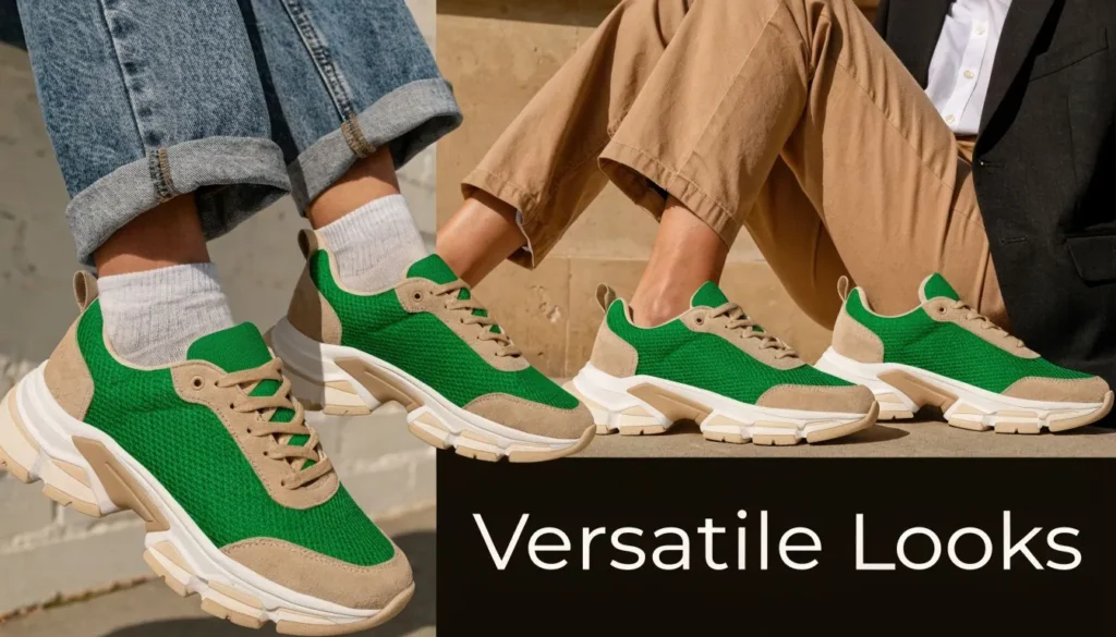 Green fashion sneakers paired with casual outfits showcasing versatile modern streetwear style and comfort