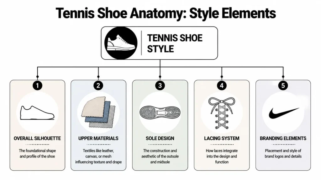Infographic explaining tennis shoe anatomy including silhouette, materials, sole design, lacing, and branding