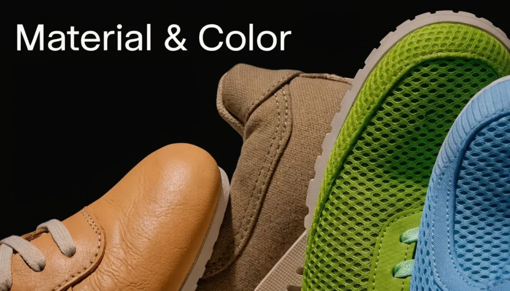 Close-up of colorful sneaker materials and textures highlighting leather, mesh, and modern shoe design elements