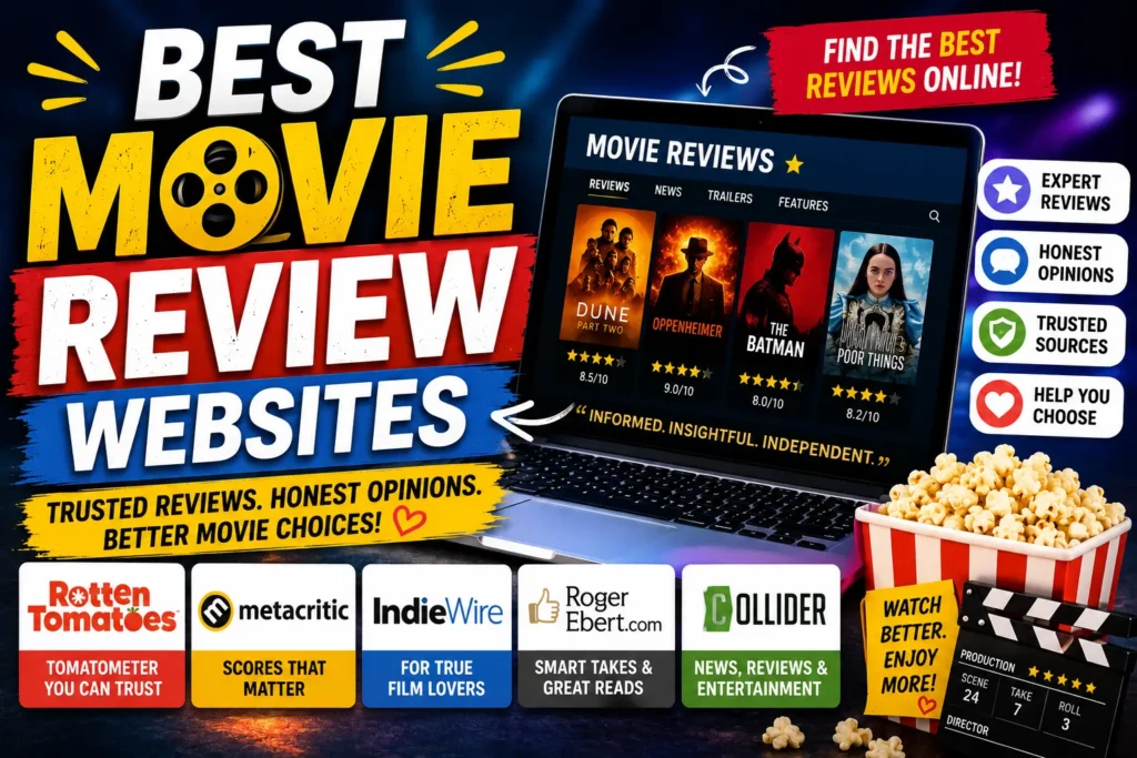 The 7 Best Movie Review Websites of 2026 Colorful movie review websites thumbnail with laptop, popcorn, film graphics, and trusted review platform logos.