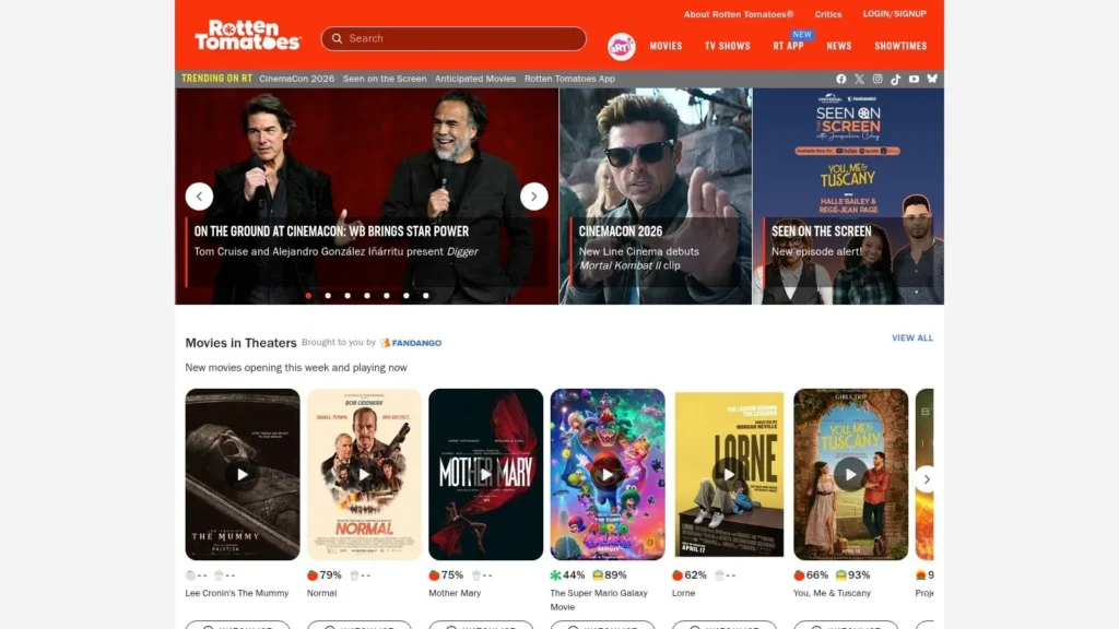 Rotten Tomatoes homepage showing trending movie news, trailers, ratings, and movies currently in theaters.