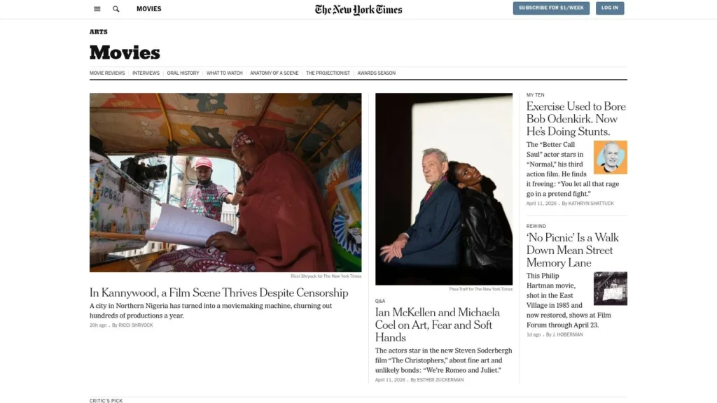 New York Times Movies page featuring film reviews, interviews, and movie industry news articles.