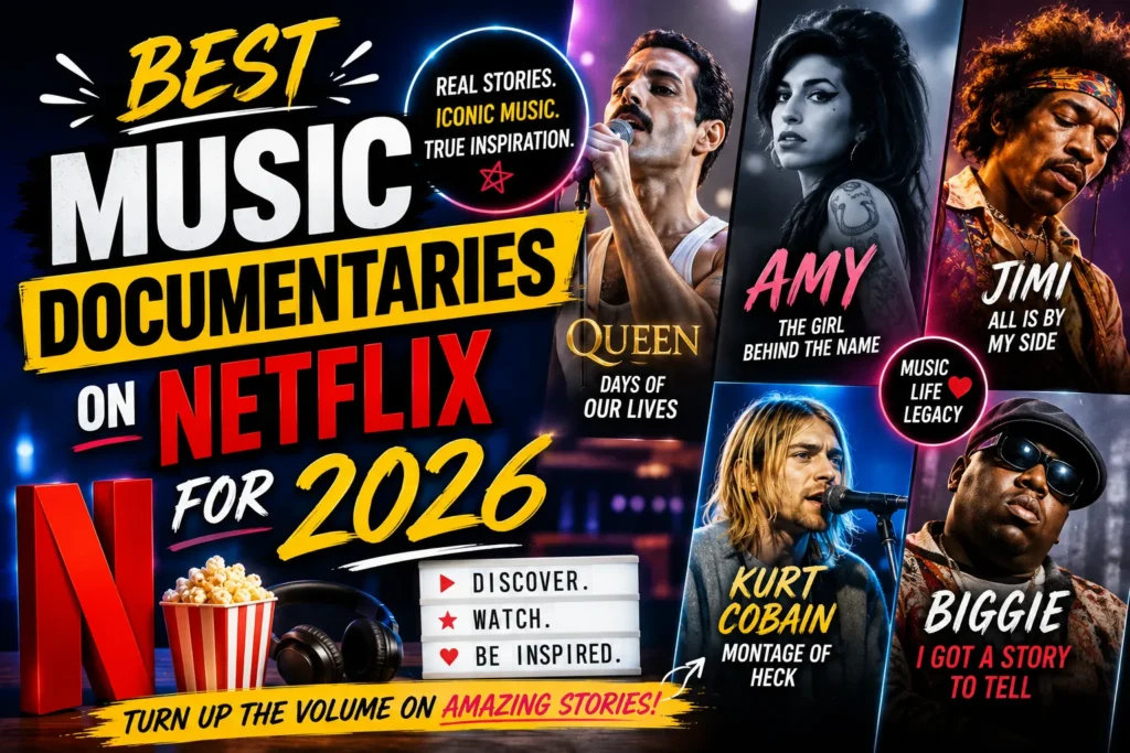 Colorful Netflix music documentaries thumbnail with famous musicians, neon lights, and cinematic music graphics.