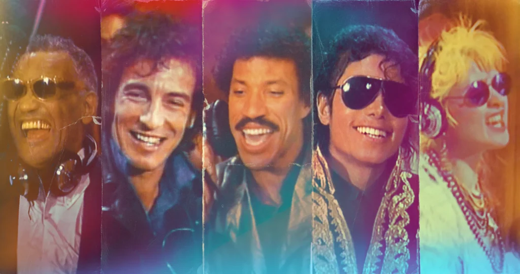 Colorful collage of famous musicians smiling and wearing headphones during a vintage recording session.