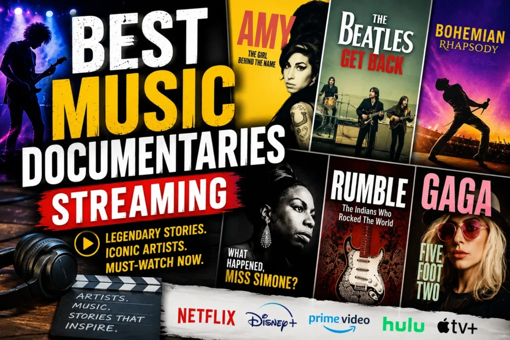 7 Best Music Documentaries Streaming for 2026 Colorful music documentaries thumbnail with concert visuals, streaming logos, and iconic artist-inspired posters.