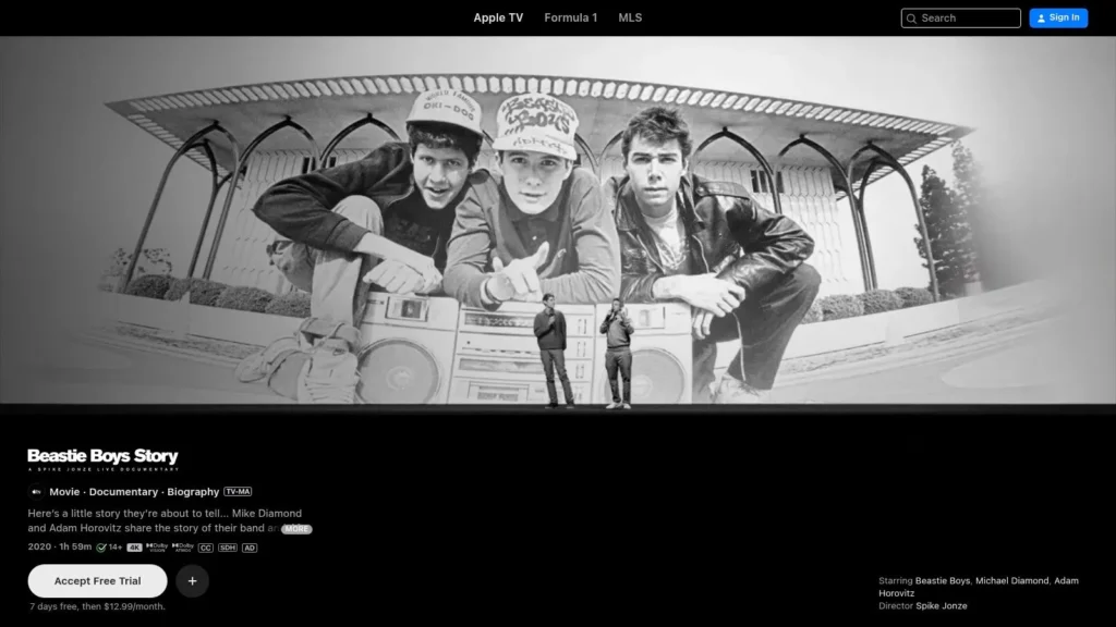 Apple TV page for Beastie Boys Story documentary with black-and-white band image and free trial button.