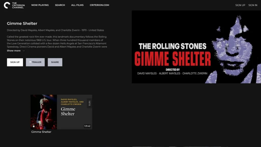 Criterion Channel page for Gimme Shelter documentary featuring The Rolling Stones concert film artwork.