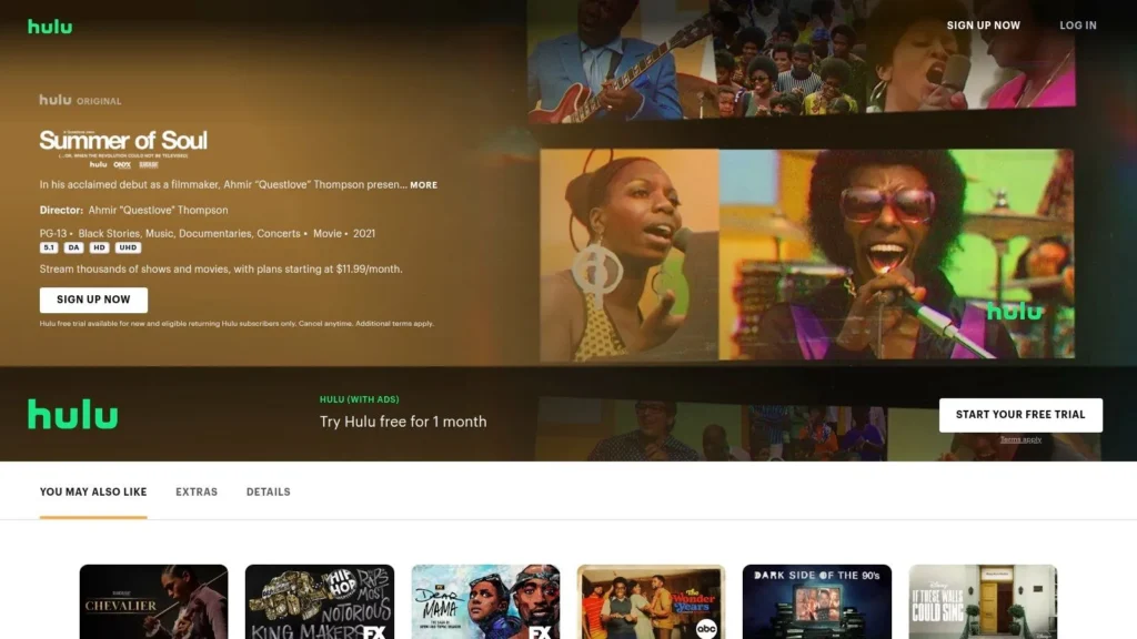 Hulu streaming page for Summer of Soul documentary featuring vibrant music performance scenes and signup options.