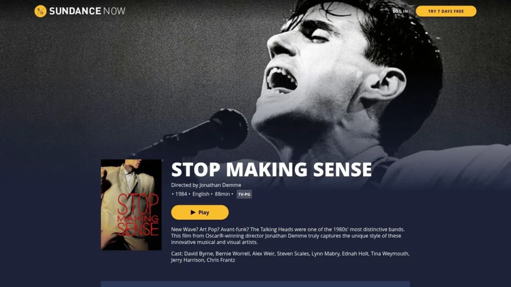Sundance Now page for Stop Making Sense featuring a black-and-white concert image and streaming details.