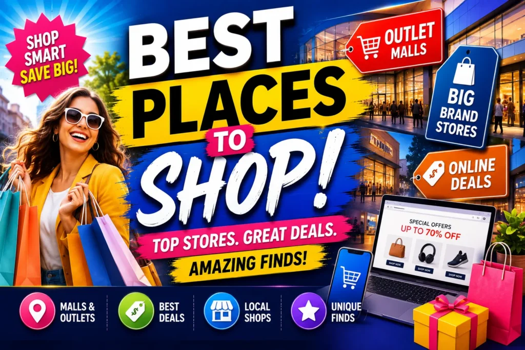 Shopping thumbnail with smiling woman, colorful bags, outlet malls, online deals, and bright retail graphics.