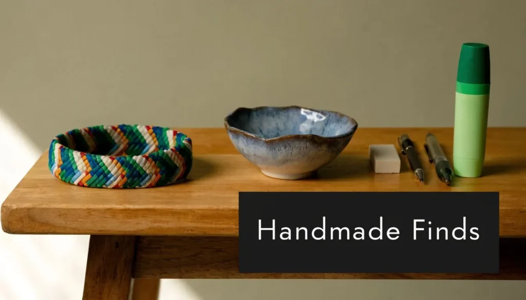 Handmade woven basket, ceramic bowl, and small items displayed on a wooden table with “Handmade Finds” text.