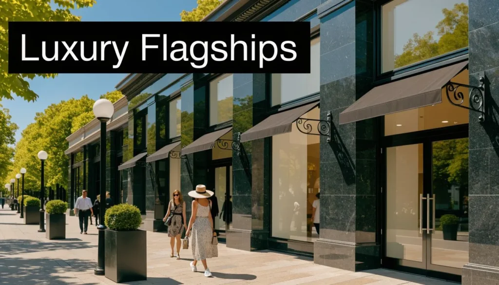 Upscale shopping street with luxury storefronts, stylish pedestrians, and “Luxury Flagships” text.