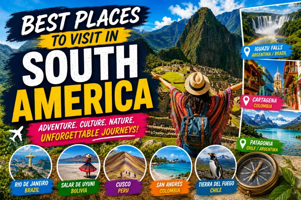 10 Best Places to Visit in South America (2026 Guide) Colorful South America travel thumbnail with Machu Picchu, waterfalls, Patagonia, and popular destinations.